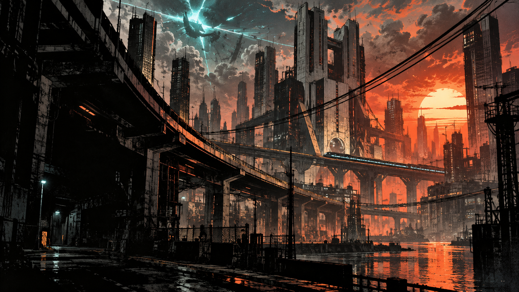 Illustrazione originale d’atmosfera: una metropoli industriale, infrastrutture sopraelevate e bagliori nel cielo.